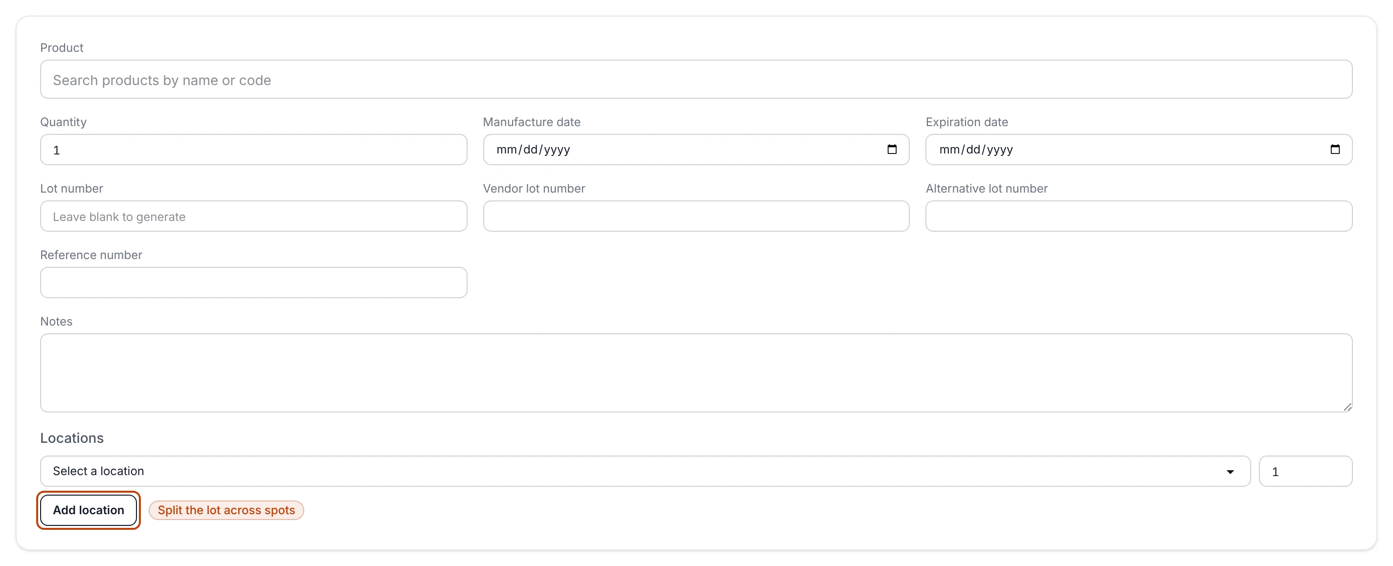 The New stock item card: a product search, quantity and manufacture and expiration date fields, three lot number fields with the lot number left blank to generate, reference number and notes, and a Locations row with a location select and quantity.