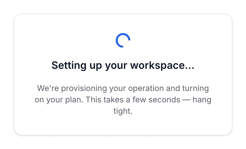 The checkout success screen while Bettr Manager provisions your workspace and turns on your plan.