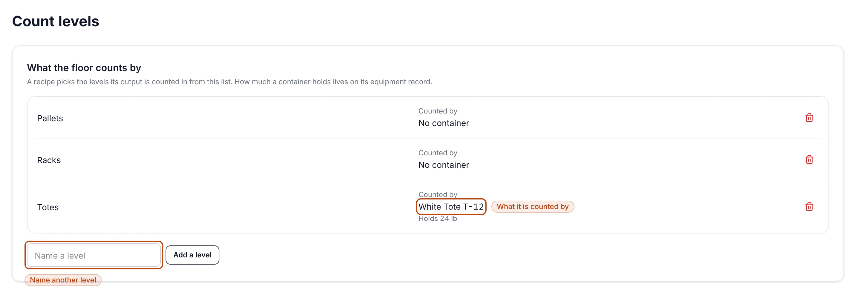 The Count levels settings page: What the floor counts by listing Pallets, Racks and Totes, each with a Counted by picker, Totes counted by White Tote T-12 with Holds 24 lb underneath, over a field and an Add a level button.