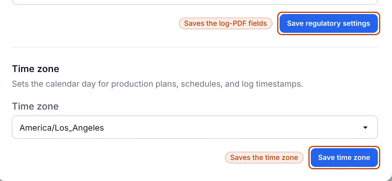 The edit-company dialog showing the regulatory exports and time zone sections, each with its own separate save button.