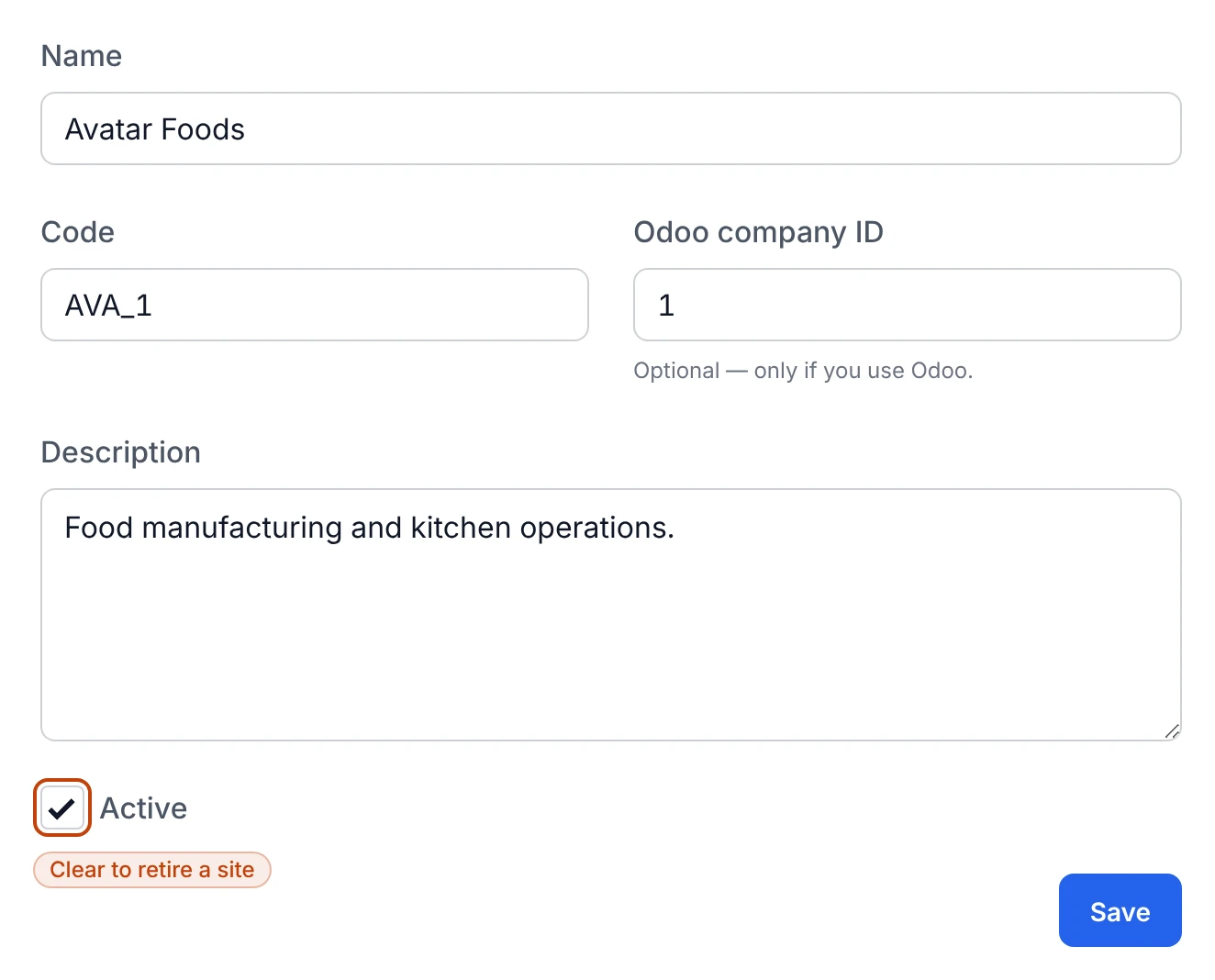 The details section of the edit-company dialog, showing the name, code, description, Odoo company ID, and active fields with their labels.