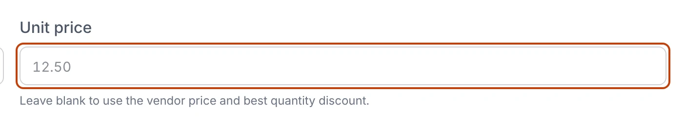 The Unit price field on a purchase order line, showing the vendor price as a placeholder and a hint to leave it blank so that price fills in automatically.