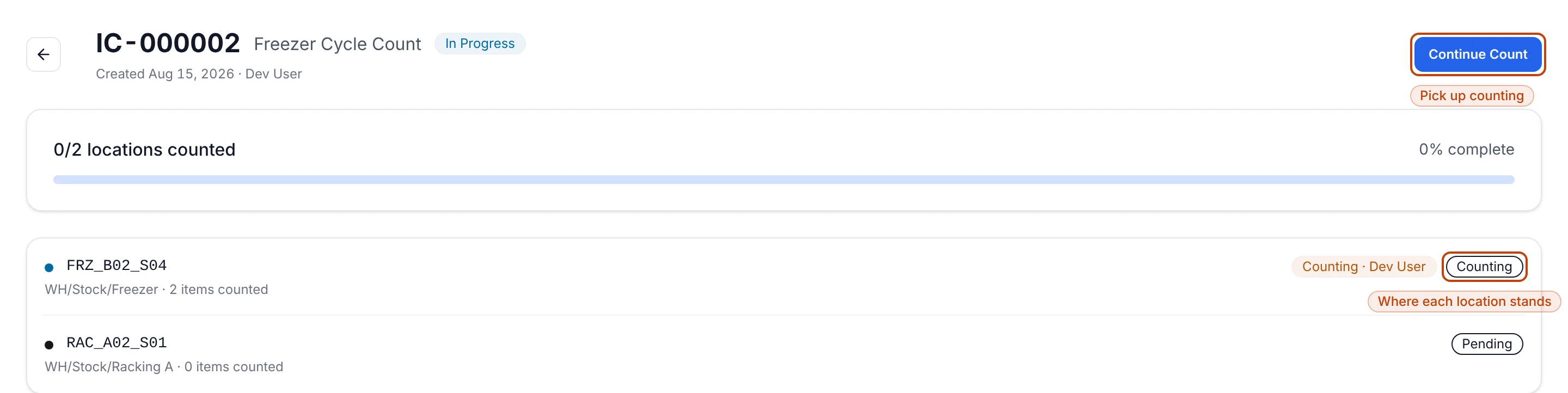 An in-progress inventory count, showing a progress bar of counted locations and a list of each location marked Counting or Pending, with a Continue Count action.