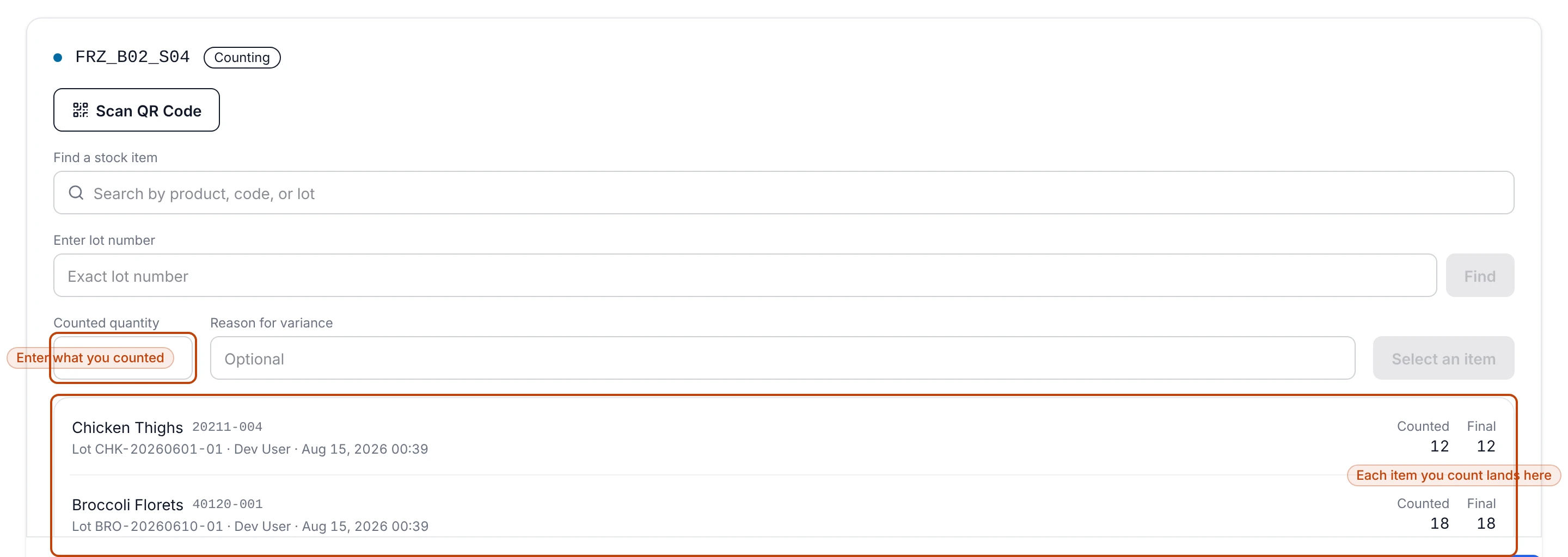The per-location counting screen for a freezer location: a search and lot-lookup to find a stock item, a counted-quantity field, and a running list of the items already counted with their quantities.