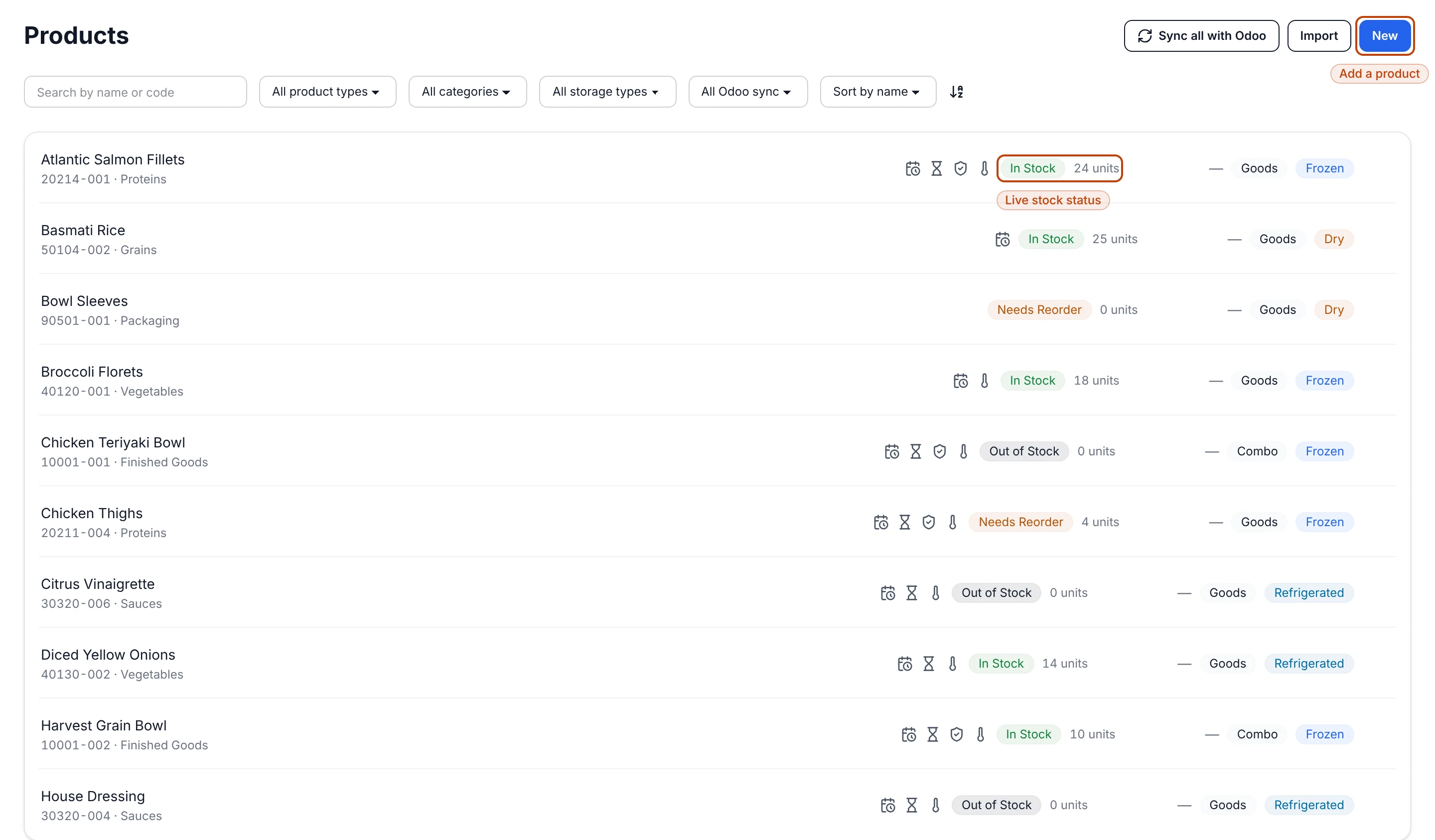 The Products list showing seeded inventory with stock-status badges.
