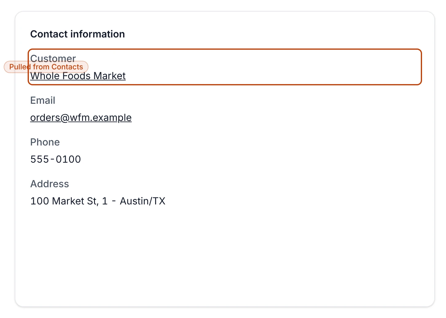 The Contact information panel of an invoice: the customer name linking to their contact record, above their email, phone, and address.