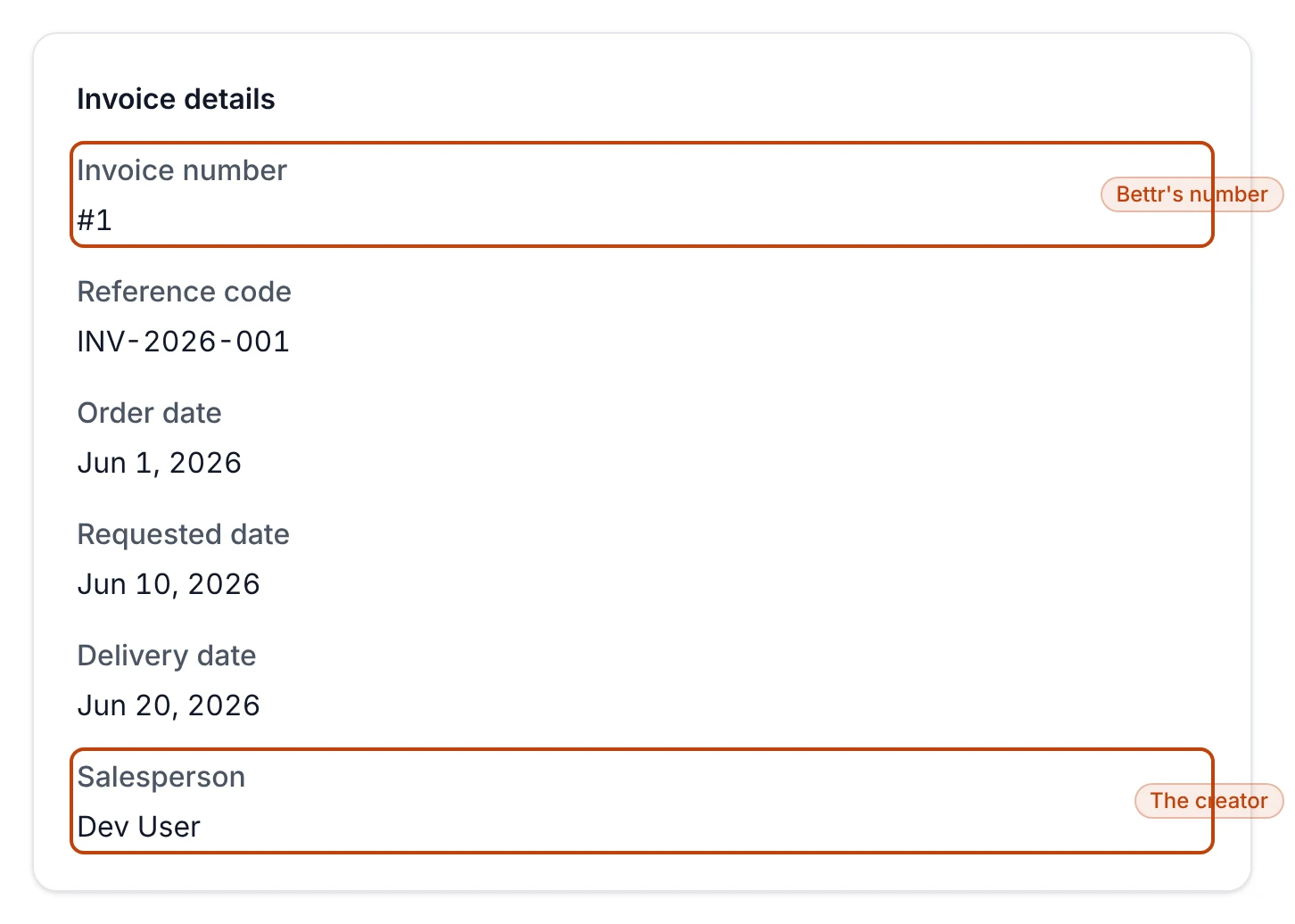 The Invoice details panel of an invoice: the system-assigned number #1, the reference code INV-2026-001, the order, requested, and delivery dates, and the salesperson who created it.