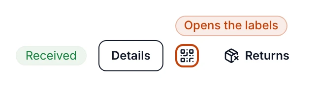 A received Jasmine Rice line in Receiving, with the QR-code Lot labels button beside Details and Returns.