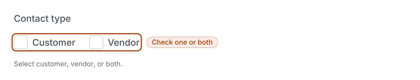 The contact type selector on the new-contact form, with the Customer and Vendor checkboxes.