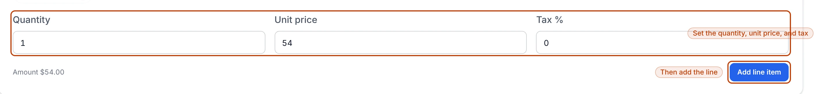 The quantity, unit price, and tax fields for a line item on the new invoice form, above the running amount and the Add line item button.
