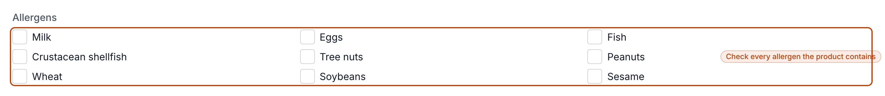 The Allergens checkboxes on the new-product form, listing the nine major allergens each with its own checkbox.