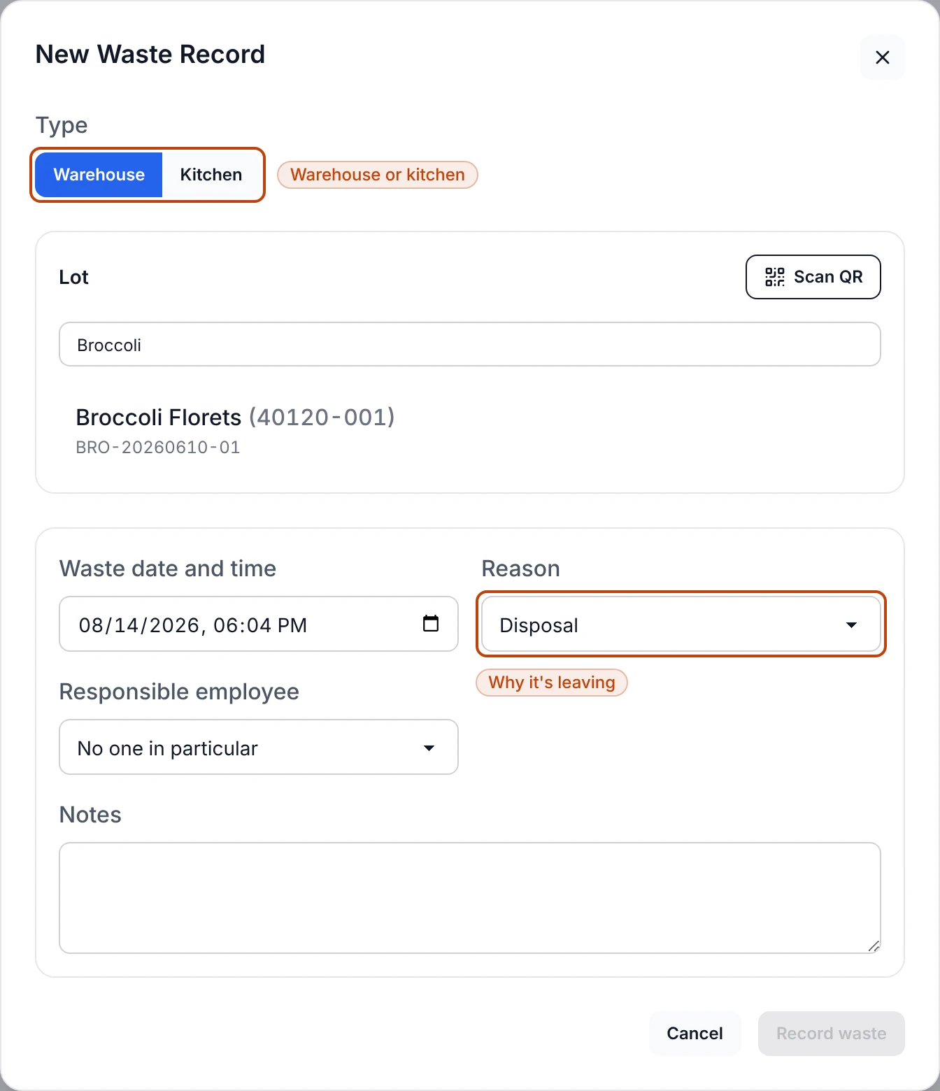The new waste record form on its Warehouse type: a toggle between Warehouse and Kitchen, a lot search narrowed to a Broccoli Florets lot, and a details section with waste date, a Reason menu, responsible employee, and notes.