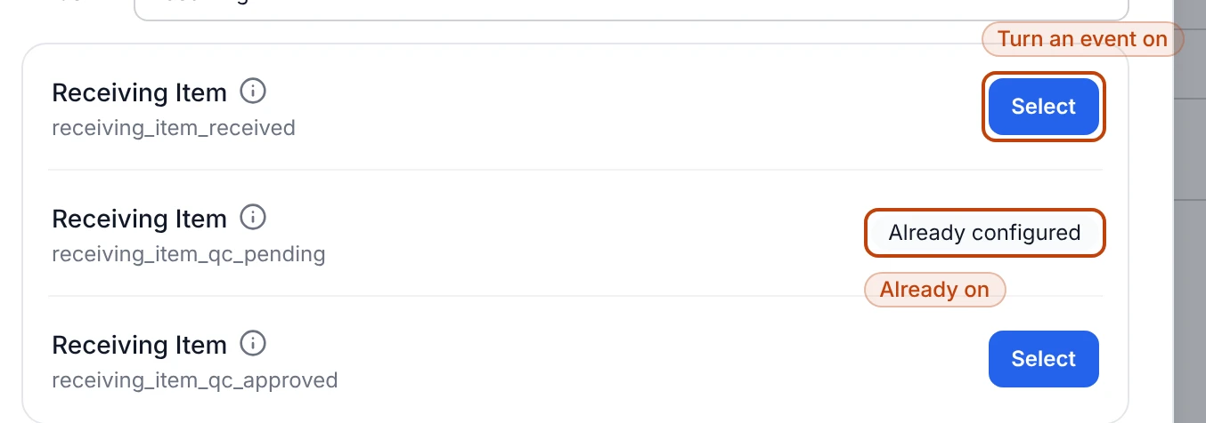 The notification event picker, filtered to receiving events, with a Select button on each event and an Already configured badge on one already set up.