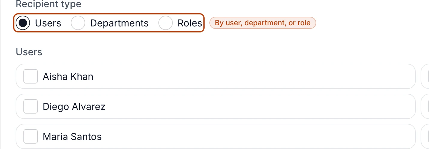 The recipient form showing the Users, Departments, and Roles choice above the list of people a notification can go to.