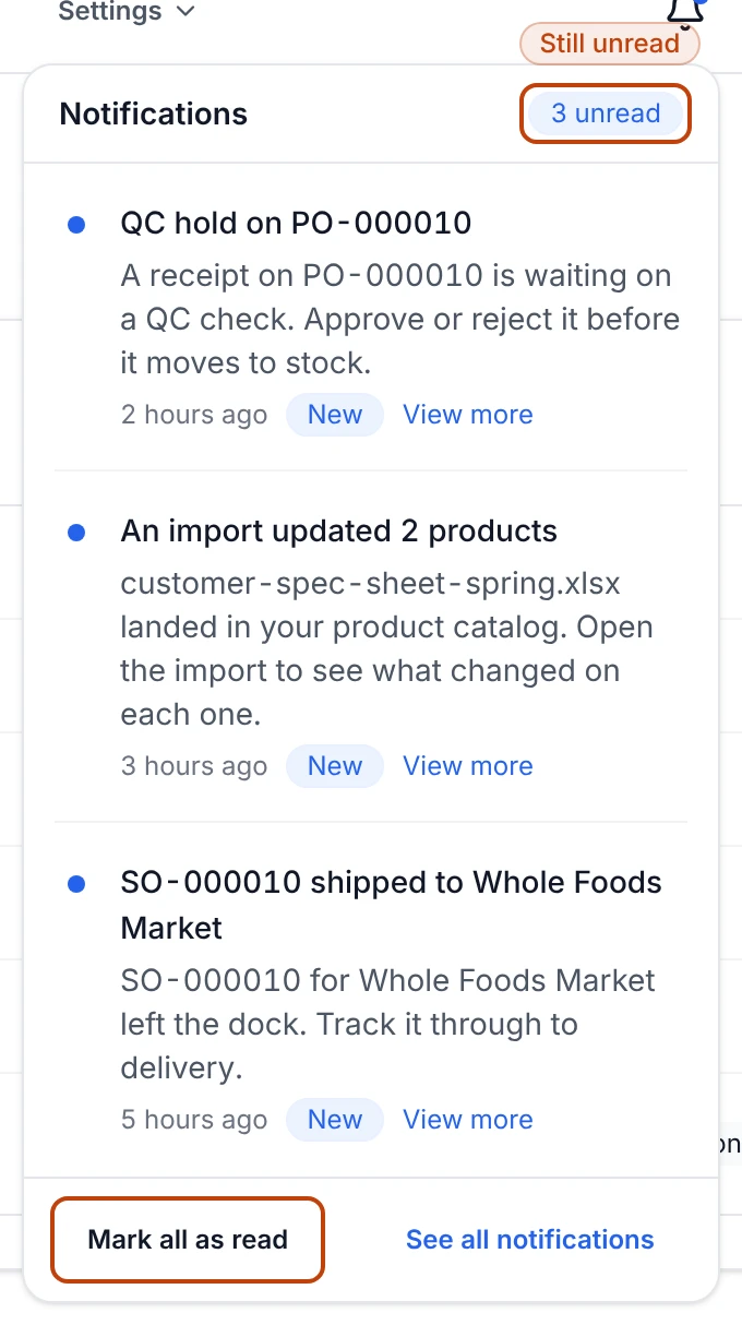 The notifications bell open in the top bar, showing a count of unread notifications, the most recent ones — a QC hold, a whole import in one notice, and a shipment — and a Mark all as read button.