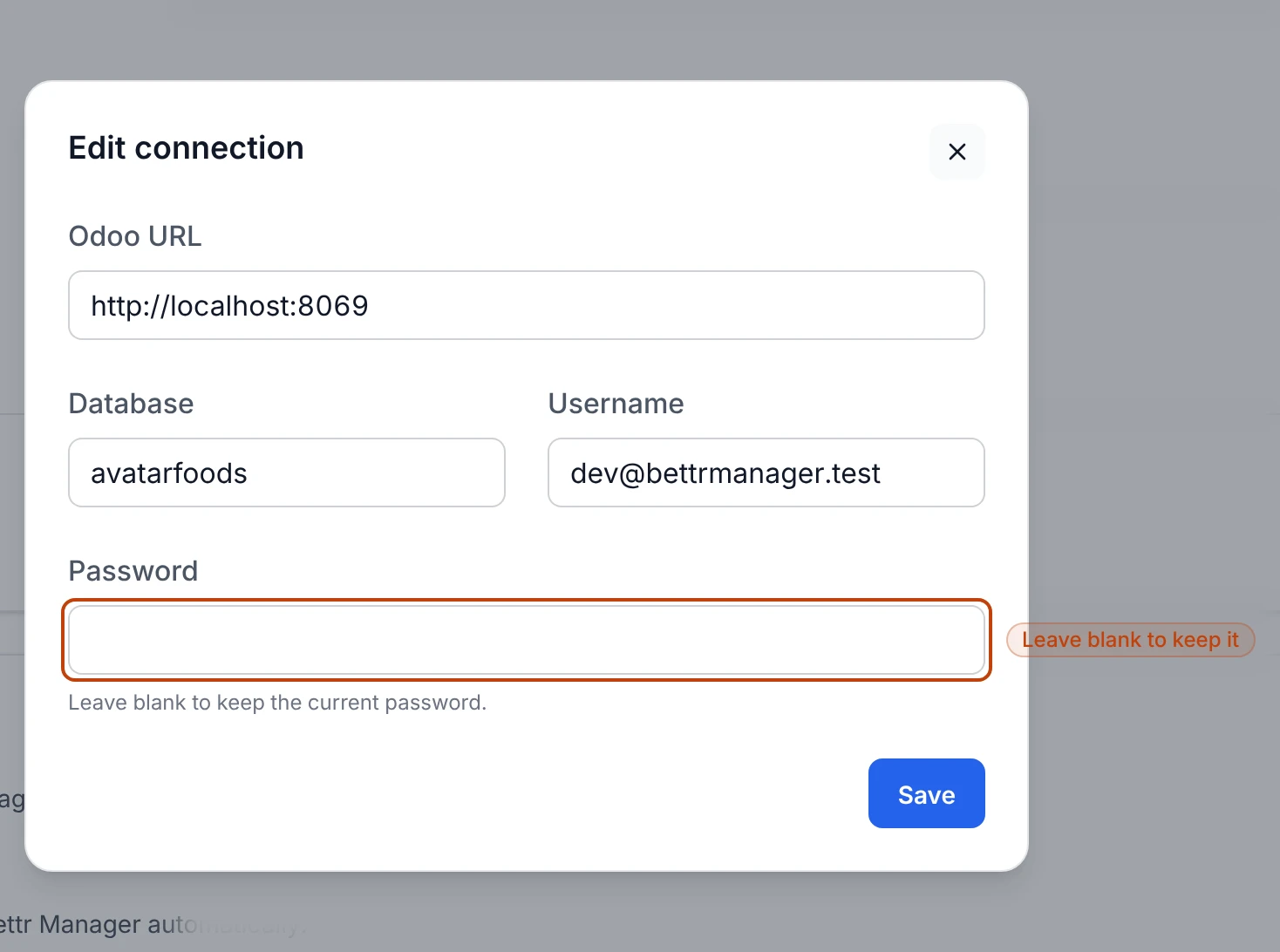 The Odoo connection edit modal showing the URL, database, username, and password fields, with a note that a blank password keeps the current one.