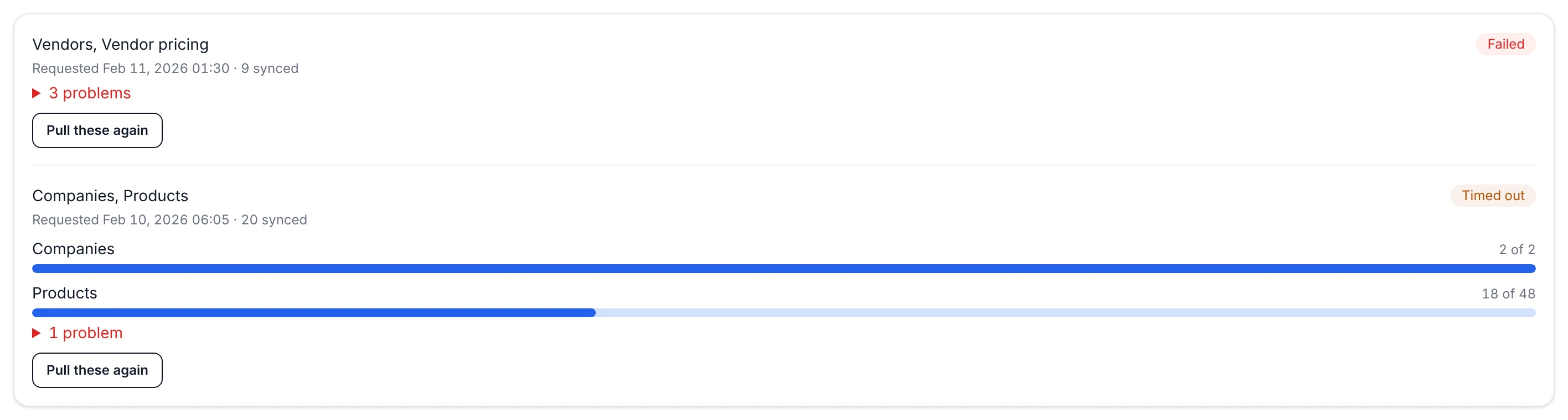 The Odoo pull history list: a failed run over Vendors and Vendor pricing with three problems, and a timed-out run over Companies and Products showing a full Companies bar and a part-filled Products bar reading 18 of 48, each row offering Pull these again.