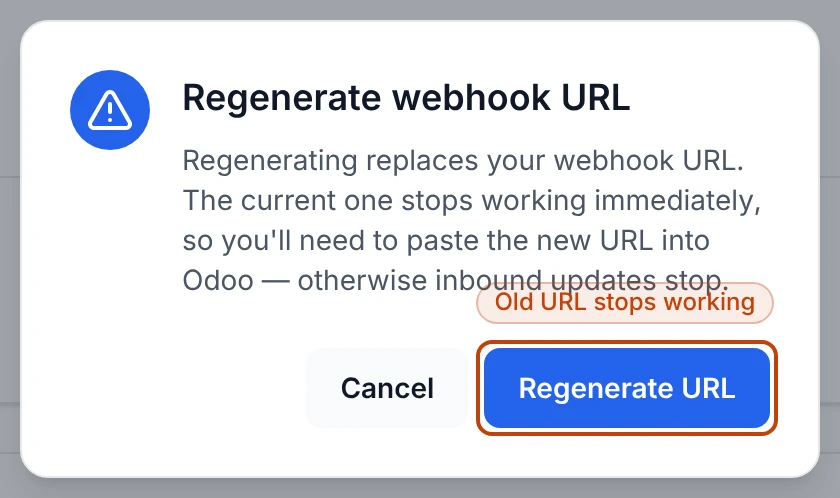The confirm dialog before regenerating the Odoo webhook URL, warning that the current URL stops working immediately and must be updated in Odoo.