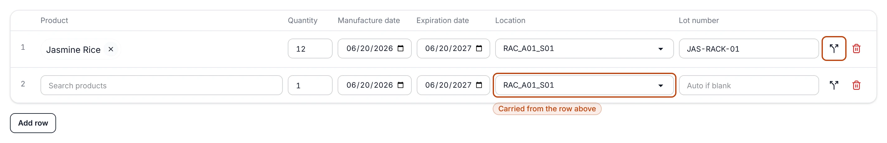 The opening inventory grid with a finished Jasmine Rice row of 12 cases, dated and placed on a rack with lot JAS-RACK-01, and a second row underneath already carrying the same location and dates with its product, count, and lot still empty.