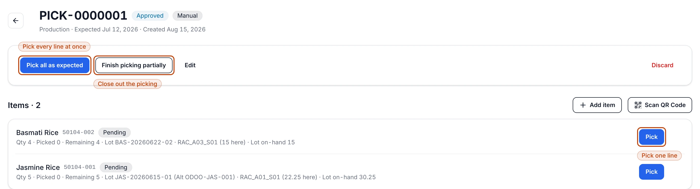 An approved picking order, PICK-0000001, showing its close-out actions — Pick all as expected and Finish picking partially — above two lines, Basmati Rice and Jasmine Rice, each with its lot, location, quantities, a Pending badge, and a Pick button.