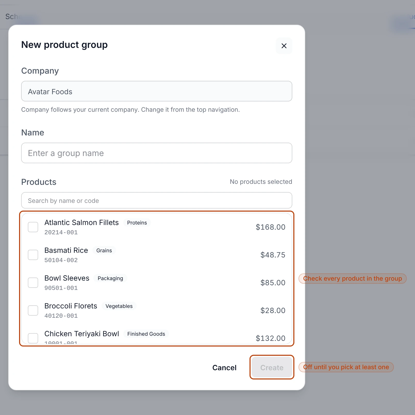 The new product group form: a name field over a searchable checklist of products, with the Create button disabled until at least one product is checked.