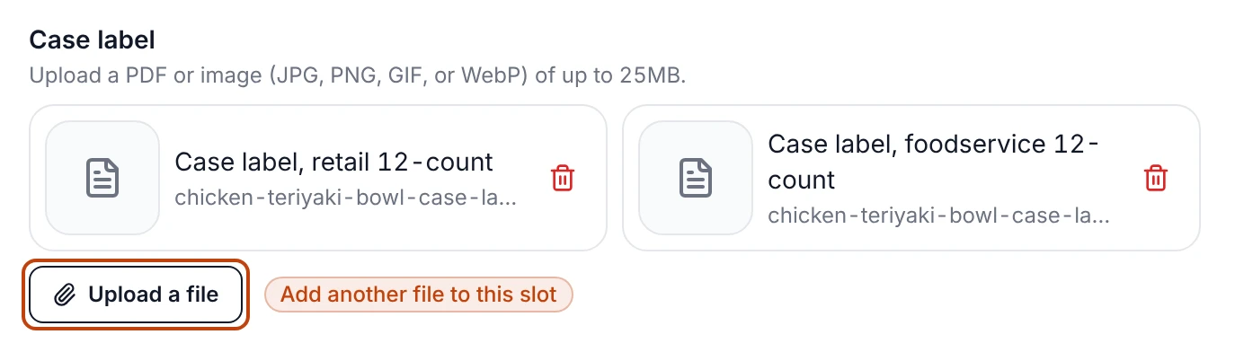 The Case label slot in the Photos and artwork section of a product's edit page, holding a retail and a foodservice case label above an Upload a file button.