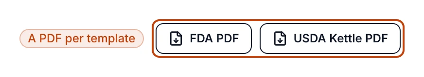 The export buttons above the Cooking Log tab of the Retail bowls production run: two outline buttons labeled FDA PDF and USDA Kettle PDF, each with a download icon, that open a print-ready cooking log in a new tab.