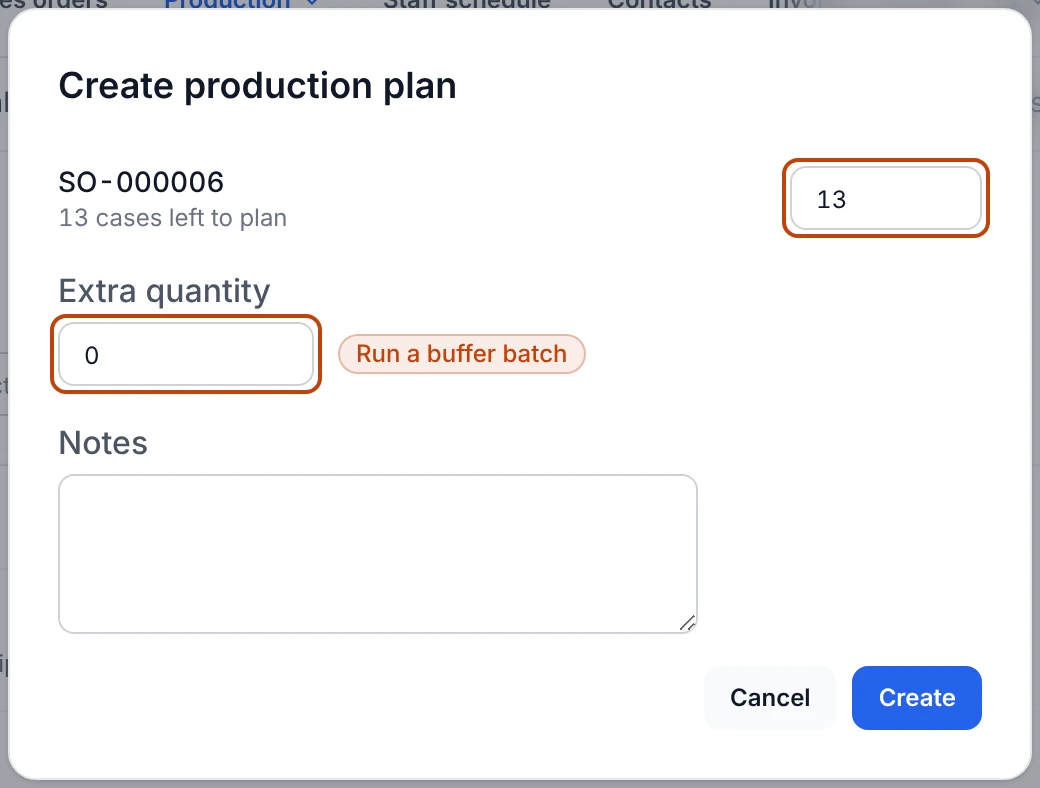 The Create production plan dialog opened from Production needs for order SO-000006, showing 13 cases left to plan with a field to set how many cases to schedule, an Extra quantity field, and a Notes field above Cancel and Create.