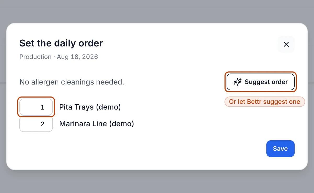 The daily-order dialog for one department on one date, listing each scheduled recipe with a position field, a Suggest order button, and a tally of the allergen cleanings the current order forces.