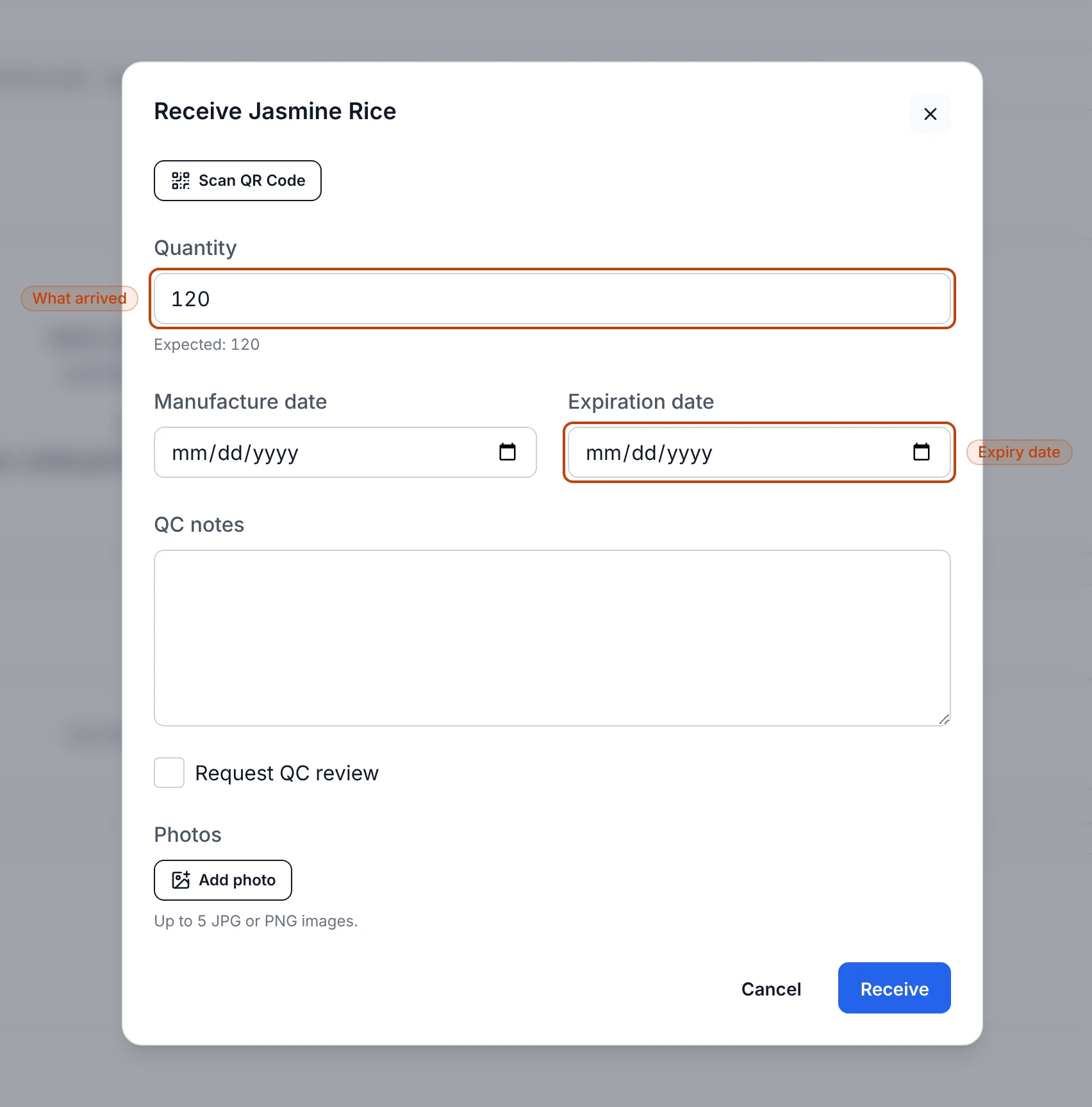 The receive form for a line, with fields for the quantity that arrived and its manufacture and expiration dates.
