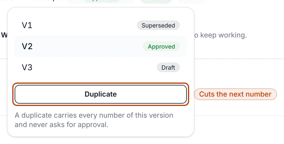 The version chip open on Master Marinade: V1 superseded, V2 approved and highlighted as the version the page opened on, and V3 still a draft, over a Duplicate button and a line saying a duplicate carries every number of this version and never asks for approval.