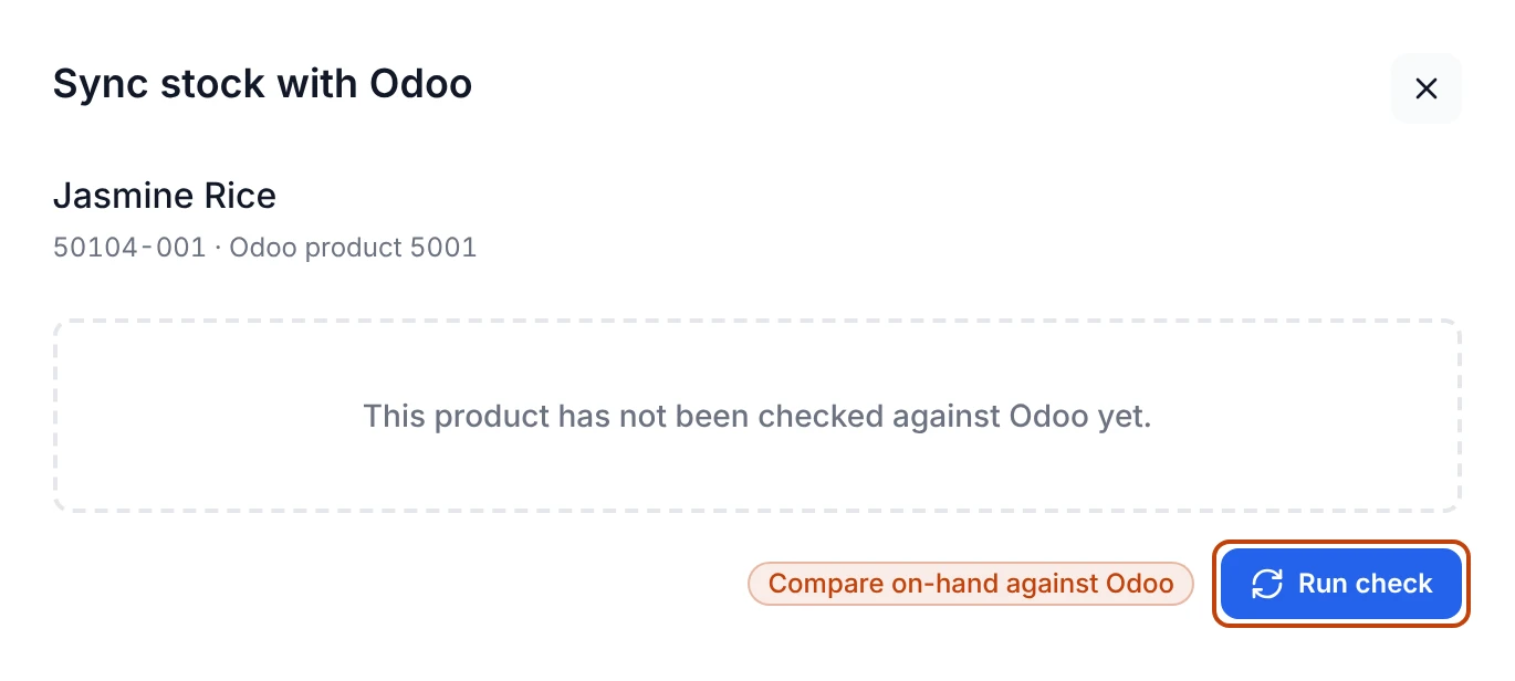 The Sync stock with Odoo drawer for Jasmine Rice, before its first check, showing the product's code and Odoo product number above a Run check button.