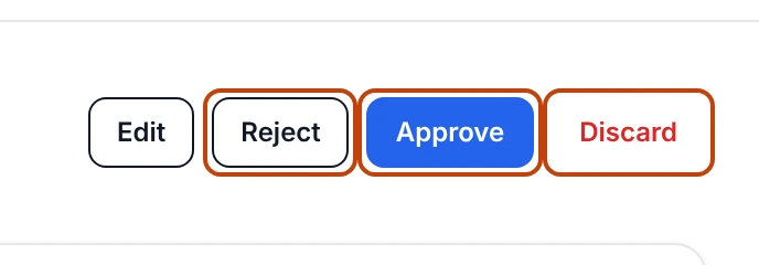 The action buttons at the top of a pending sales order — Edit, Reject, Approve, and Discard — with Reject, Approve, and Discard ringed as the three decisions.