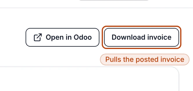 The action bar at the top of shipped sales order SO-000004, carrying an Open in Odoo link and a Download invoice link, with Download invoice ringed as the way to pull the posted invoice as a PDF.