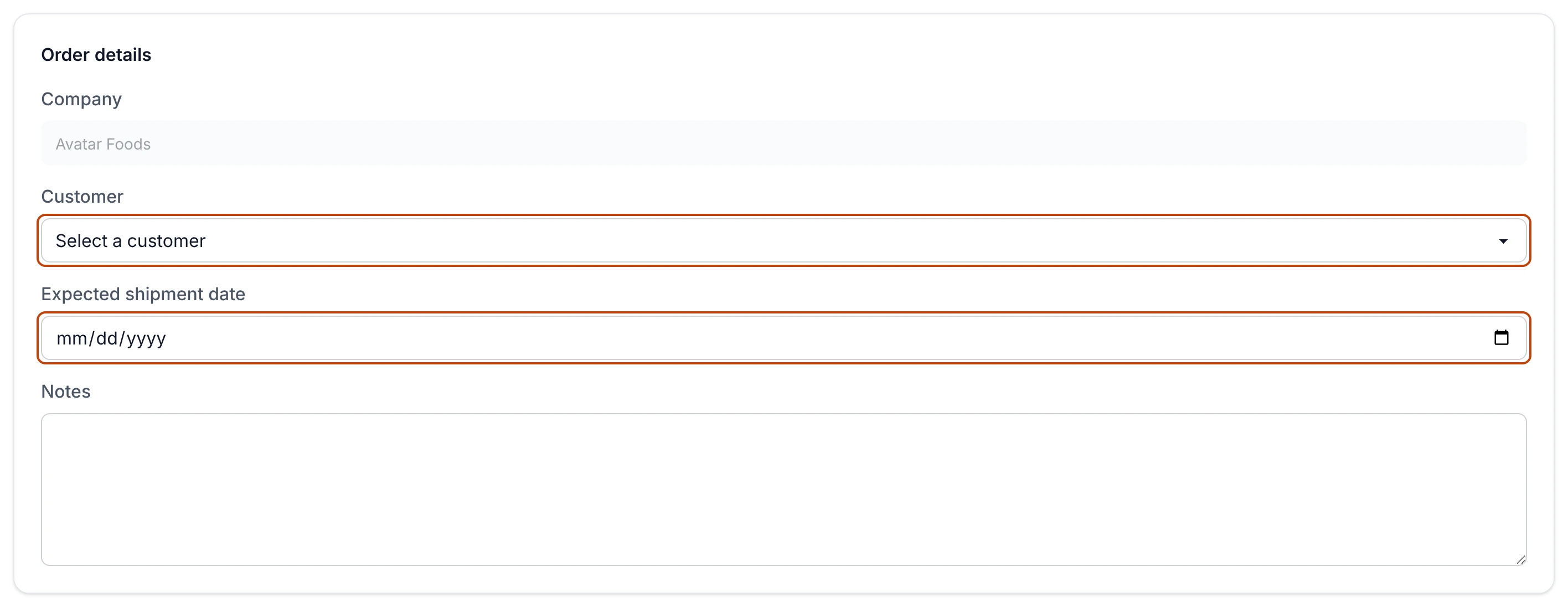 The Order details panel of the new sales order builder, with the company prefilled, the Customer dropdown ringed, the Expected shipment date field ringed, and a Notes box.