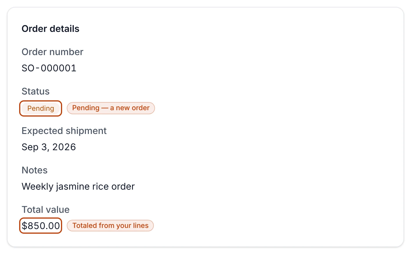The Order details panel of a newly created sales order, showing its order number, a Pending status badge, the expected shipment date, notes, and the total value totaled from its lines.