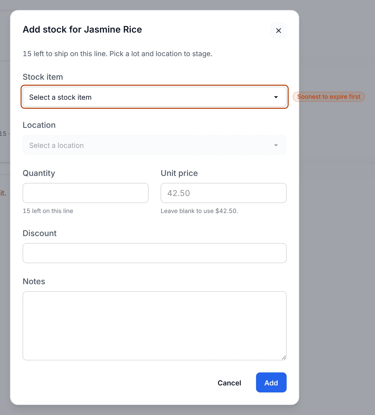 The Add stock item form for the Jasmine Rice line, with a stock-item lot selector, a location selector, and quantity, unit price, discount, and notes fields.