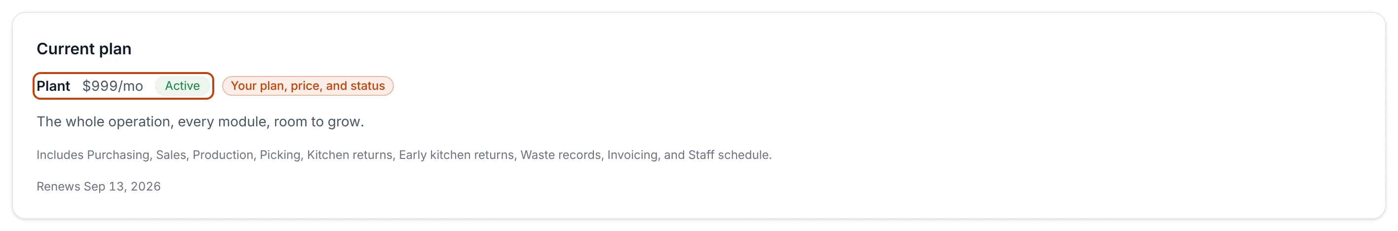 The Current plan card on Plan & billing naming the Plant plan, its monthly price, and an Active status badge.