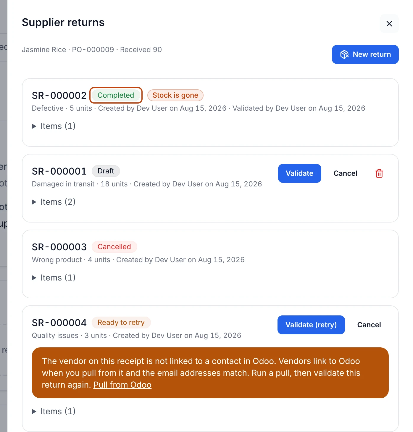 The supplier returns panel for a receipt, showing returns in the Completed, Draft, Cancelled, and Ready to retry states, the ready one naming the Odoo setup gap it is waiting on, with the completed status badge highlighted.