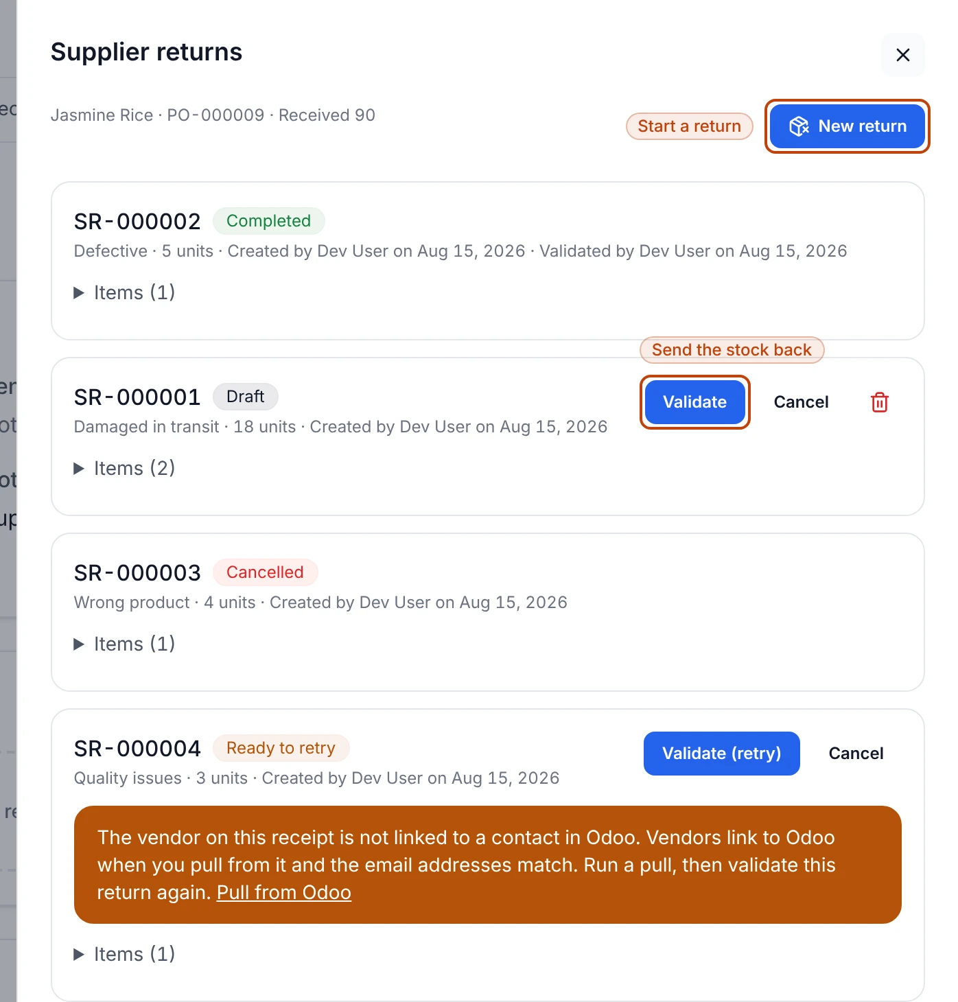 The supplier returns panel for a receipt, listing returns in the Completed, Draft, Cancelled, and Ready to retry states with their per-return actions.
