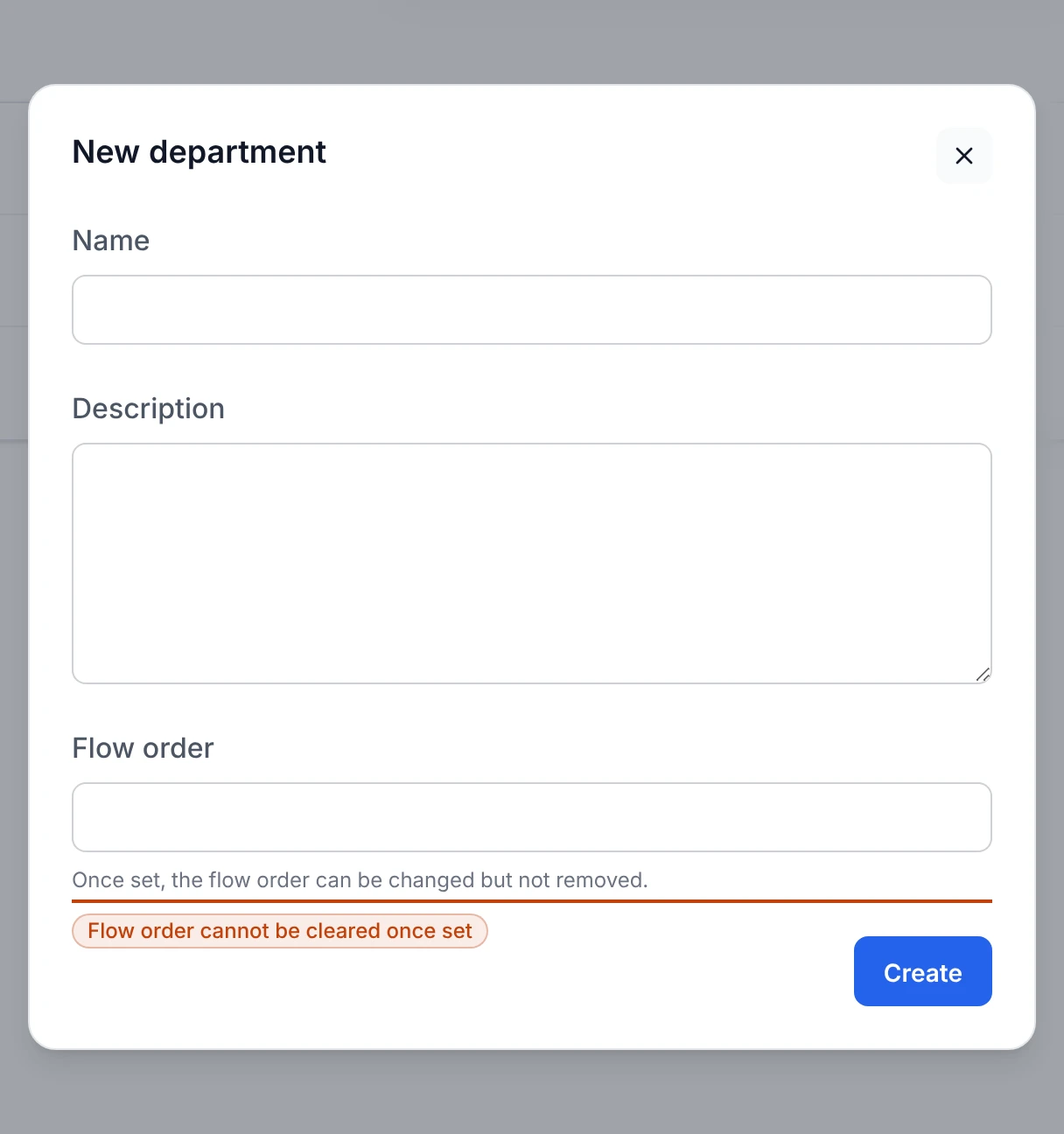 The New department form with Name, Description, and Flow order fields, and a note that a flow order can be changed but not removed once set.