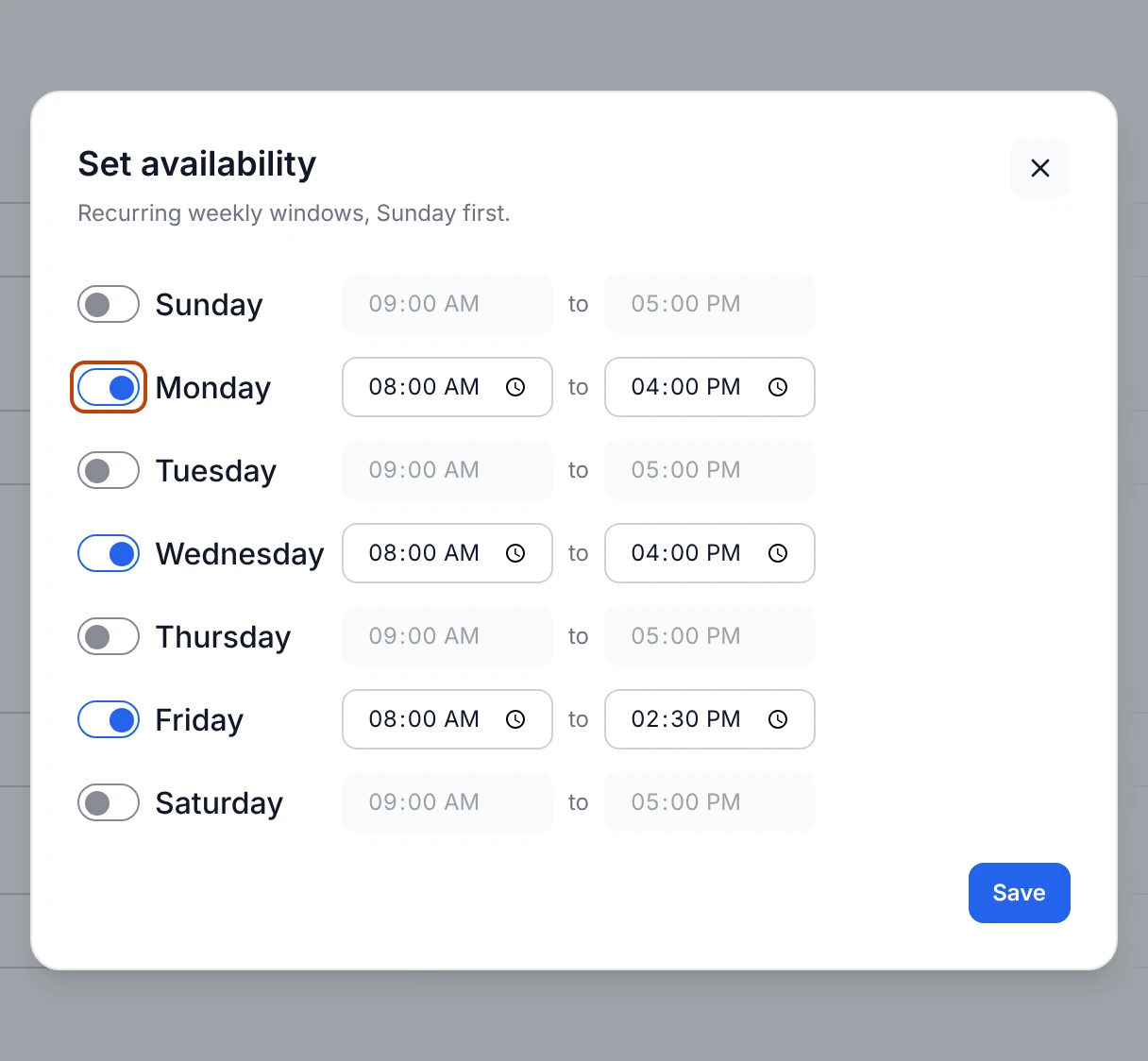The Set availability editor, listing every day of the week Sunday first with a toggle and a start and end time for each.
