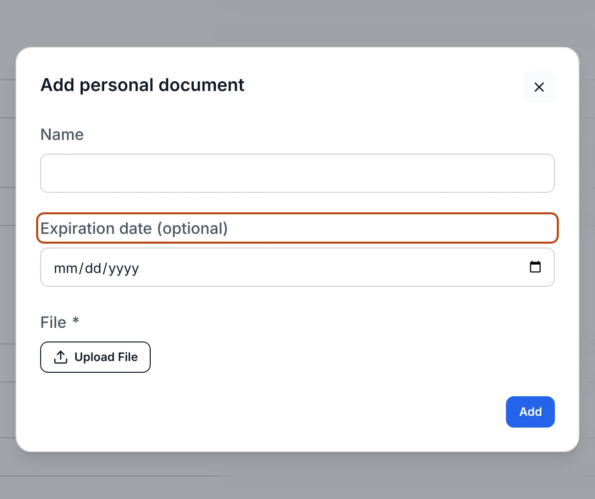 The Add personal document panel, with a name field, an optional expiration date, and a file upload.