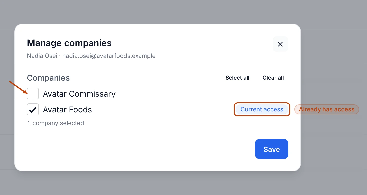 The Manage companies panel for a teammate, with a checkbox per company and a Current access tag.