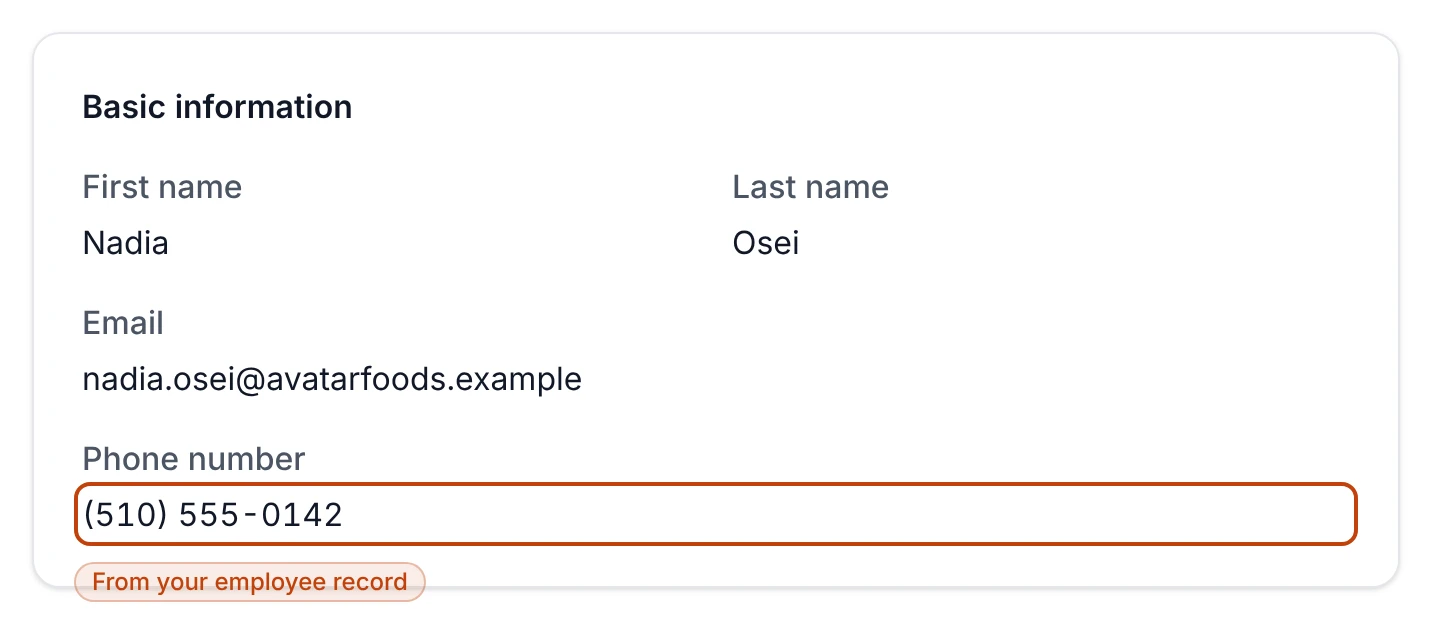 The Basic information card on a profile, showing first name, last name, sign-in email, and phone number.