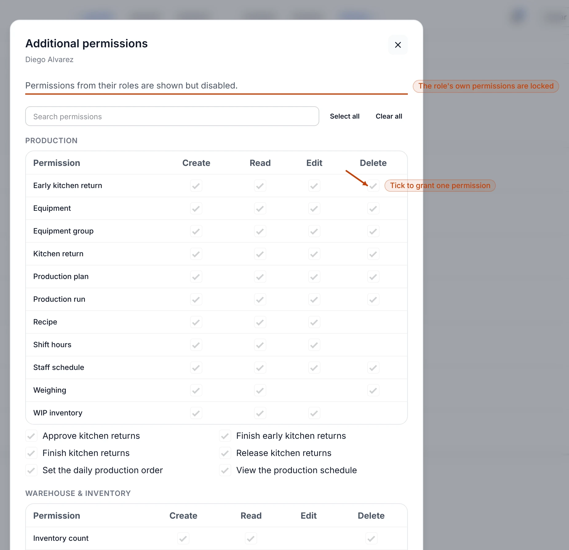 The Additional permissions grid for a teammate, grouped by area with Create, Read, Edit, and Delete checkboxes per record.