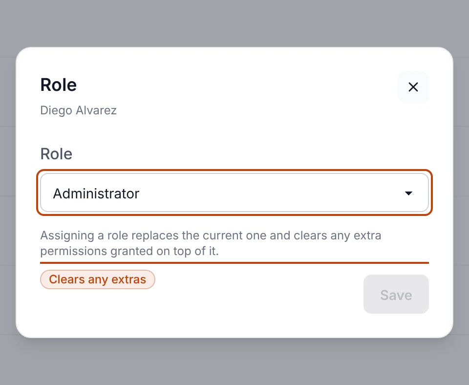 The Role panel for a teammate, with a menu of roles and a note that assigning one clears extra permissions.