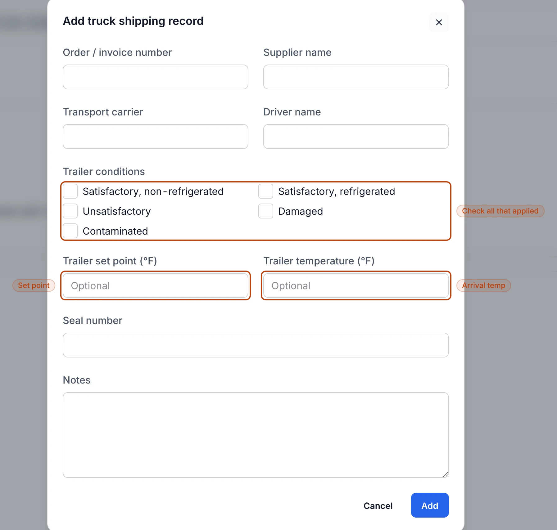 The Add truck shipping record form on a purchase order, with the trailer-conditions checkboxes and the trailer set point and temperature fields highlighted.
