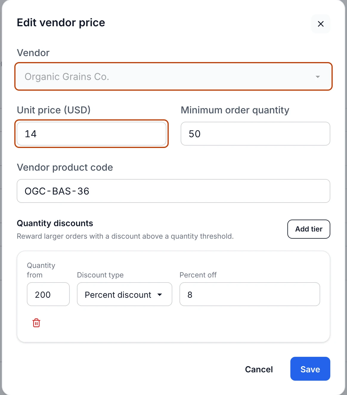The Edit vendor price panel for Organic Grains Co., showing the unit price, vendor product code, minimum order quantity, and a quantity-discount tier.