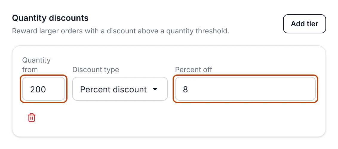 A quantity discount tier on Organic Grains Co.'s vendor price for Basmati Rice, taking 8 percent off each unit once an order reaches 200 units.